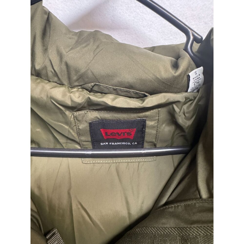 Levis Womens Olive Green Long Hooded Puffer Coat Front Zipper Snap Buttons Small - Picture 2 of 13